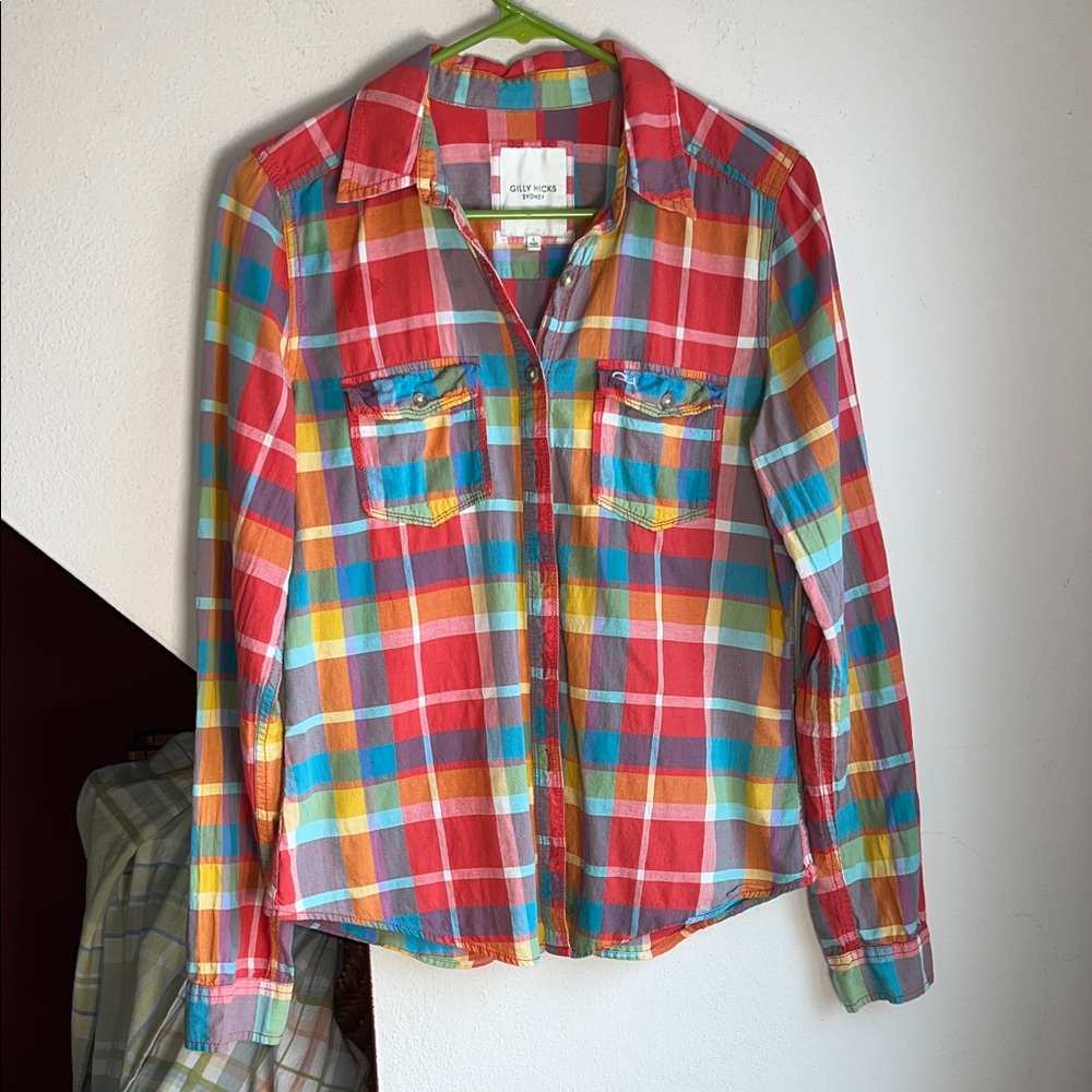 Gilly Hicks Red, Turquoise & Yellow Plaid‎ Button Shirt L